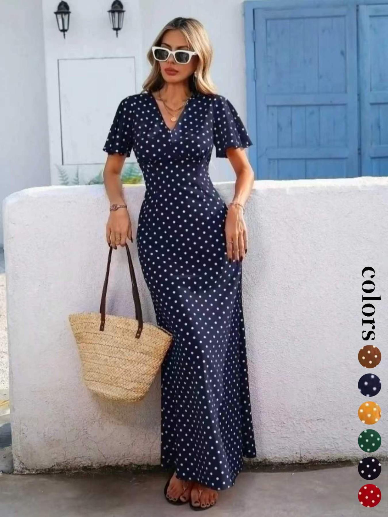 Women's Bohemian Polka Dot Pattern V-Neck Short Sleeve Long Dress for Vacation, Casual Fashion New European and American Style