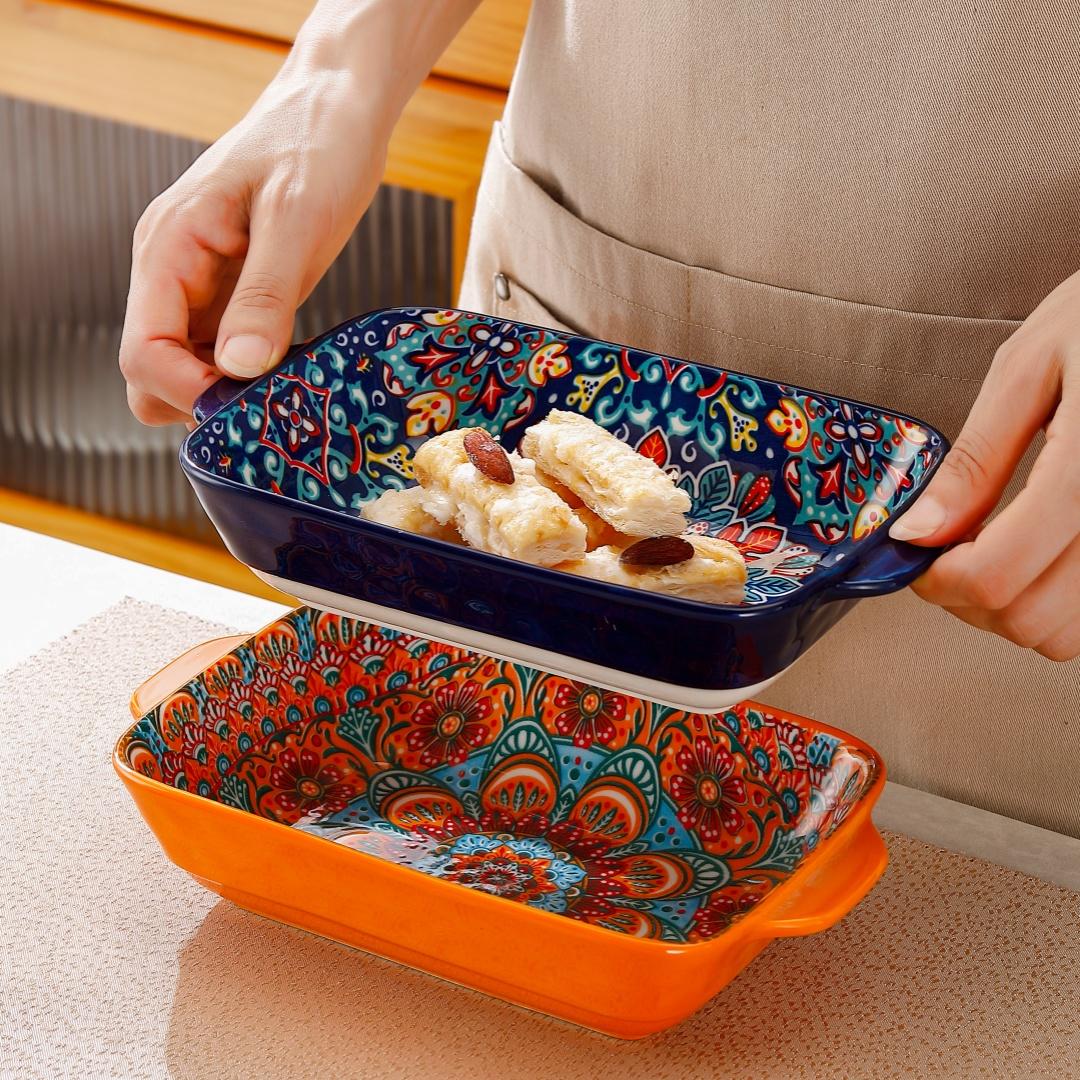 4Pcs Double Handle Rectangular Serving Plates Set, Microwave Oven Safe Dinner Plates for Sushi, Dessert, Salad, Pasta, Baking, Suitable for Home Kitchen Dorm Restaurant