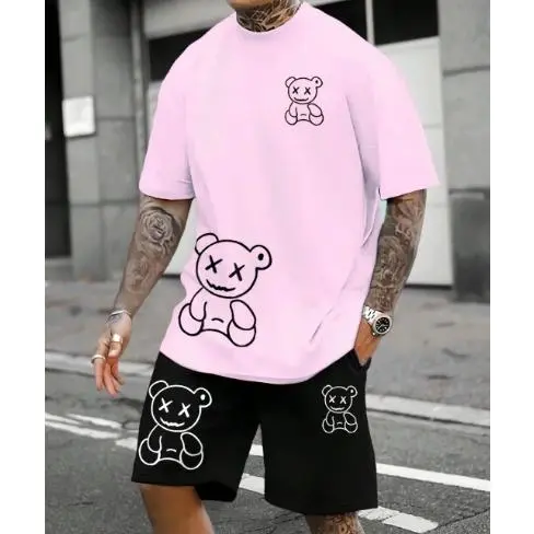 Pink Graffiti Bear Set – Matching T-shirt & Shorts with X-Eyed Bear Print, Cute Streetwear Cotton Set, SummerVibes Ideal Gift For Couples, Best Beach Vacation Outfit, Pink & Black Set