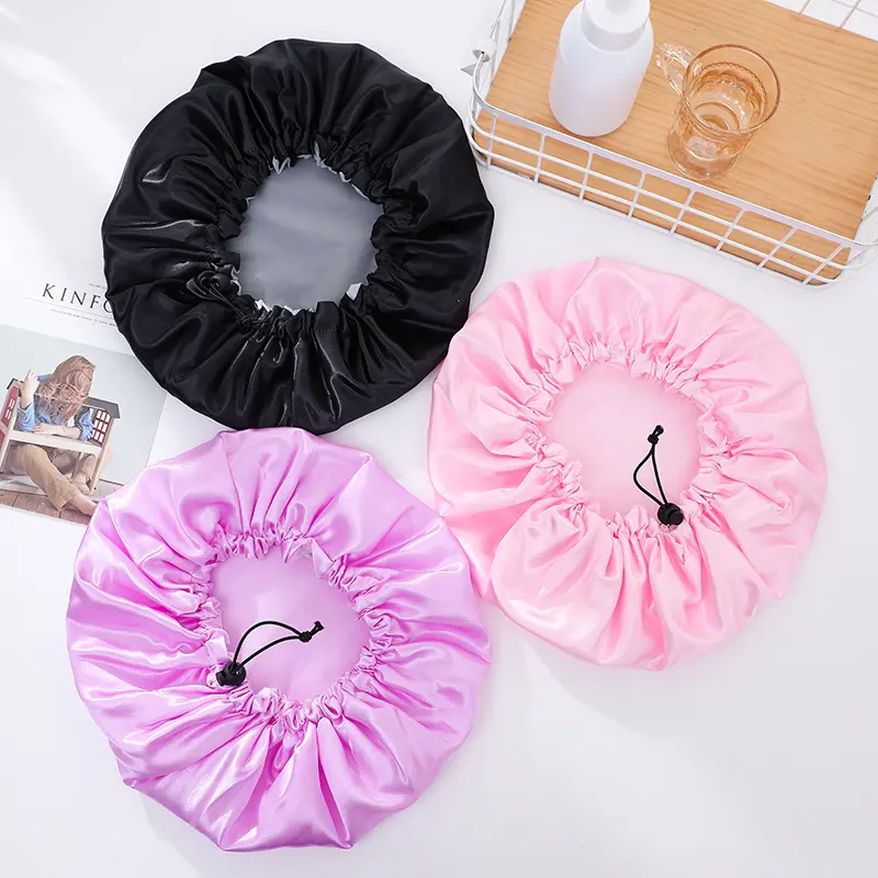 Double Layer Shower Cap for Women, Extra Large Waterproof Satin Bonnet with Adjustable Drawstring, Reusable Hair Cover for Long Thick Hair, Oversized Sleep Cap for Showering, Bath, Beauty Routine