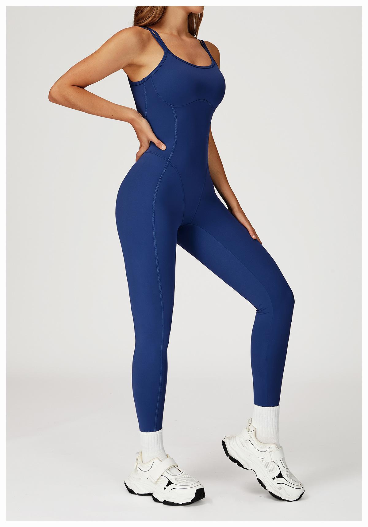 Nude-feel one-piece bodysuit with cross-back design, slim-fit yoga wear for outdoor running and fitness activities
