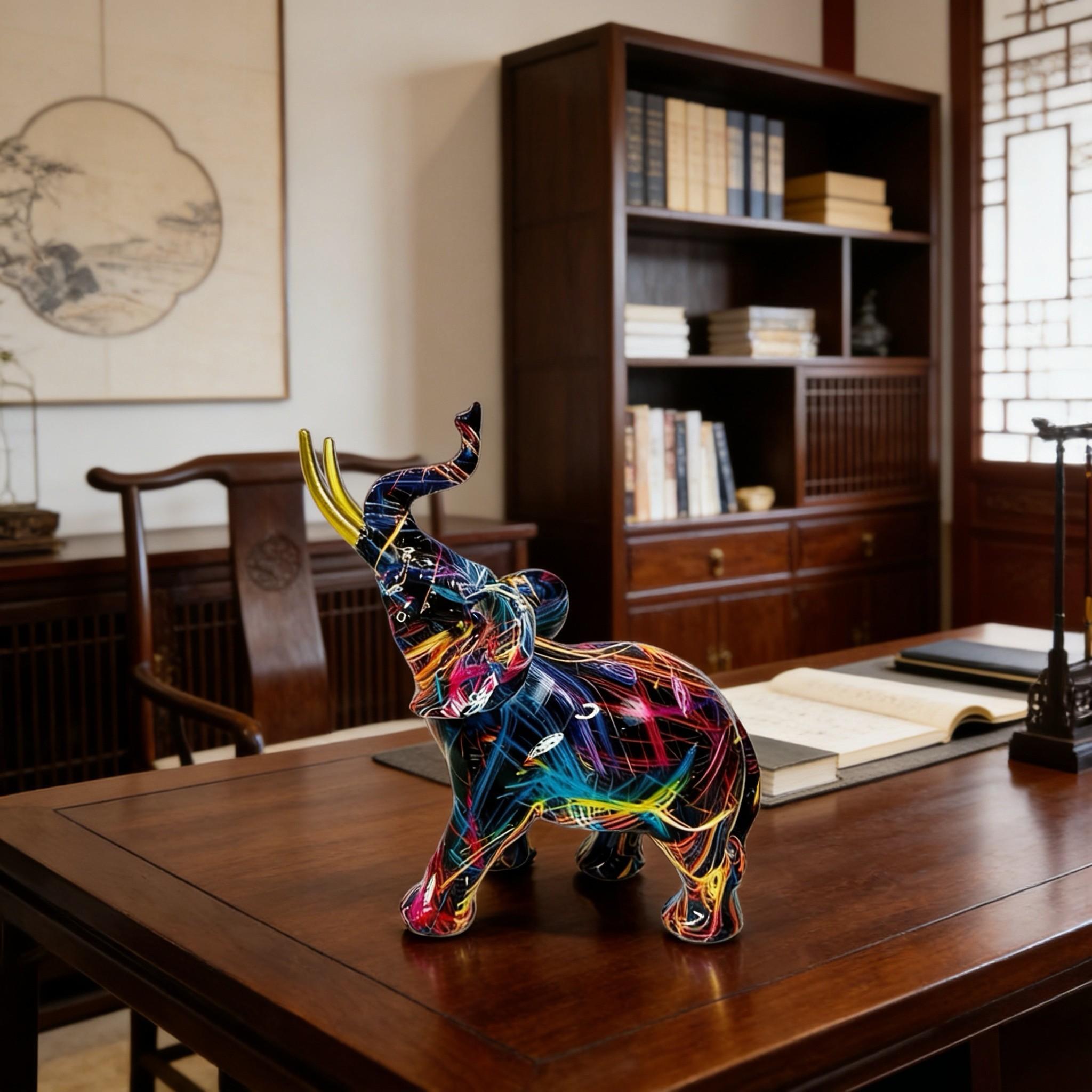 Colorful Resin Elephant Statue, Artistic Elephant Sculpture, Feng Shui Decor, Kitchen Office Shelf Home Decoration