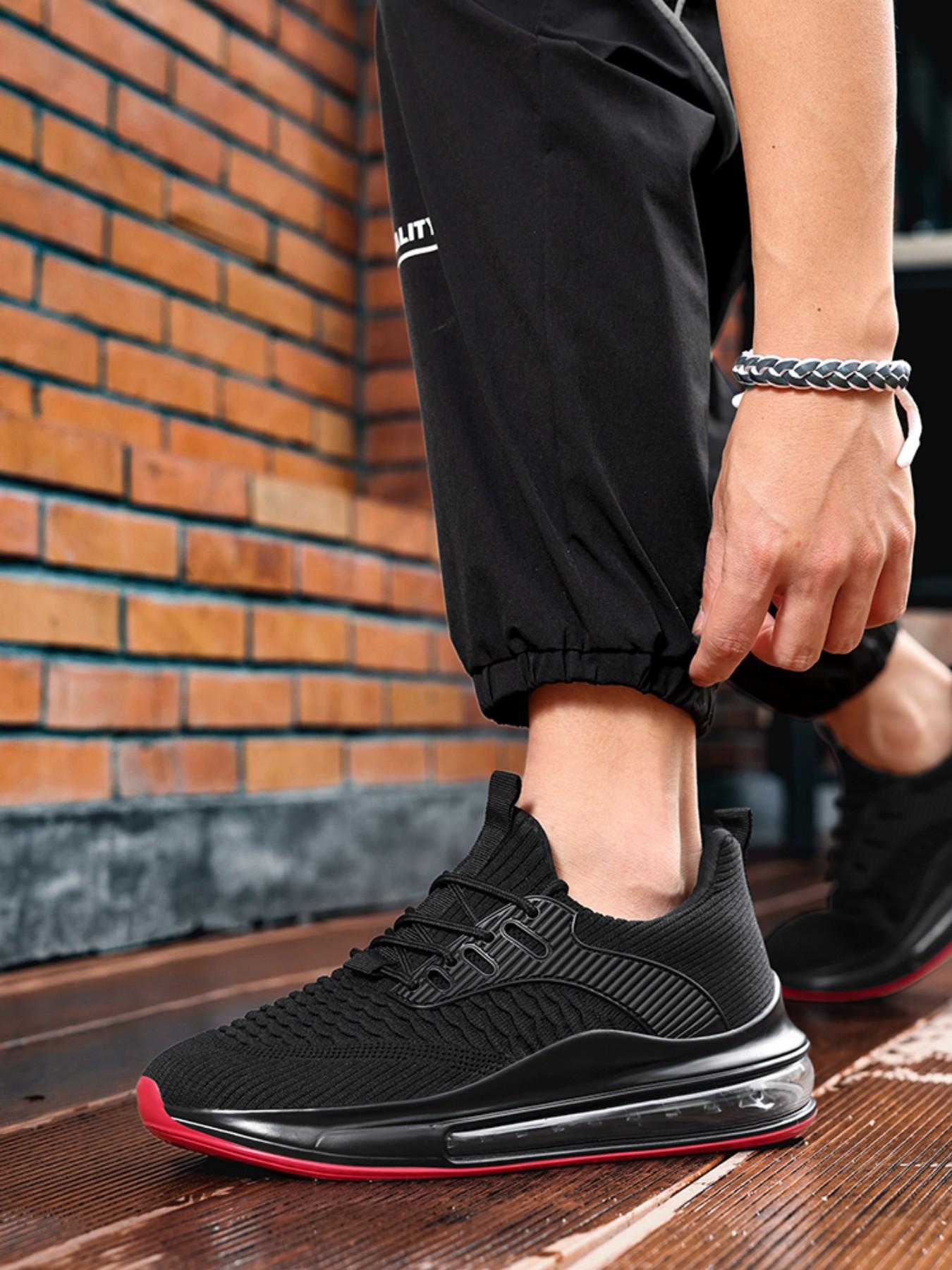 New Fish Scale Full Sole Air Cushion Running Shoes, Men's Flyknit Breathable Sport Shoes, Thick Sole Shock Absorption Casual Shoes