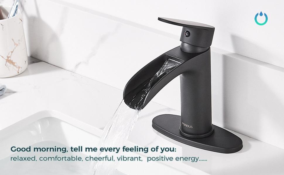 FORIOUS Waterfall Bathroom Faucet with Metal Pop Up Drain Brass Single Handle Bathroom Sink Faucet Matte Black Single Hole Toilet Sink Basin Faucet