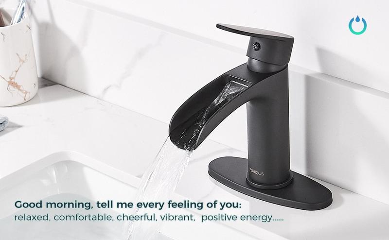 FORIOUS Waterfall Bathroom Faucet with Metal Pop Up Drain Brass Single Handle Bathroom Sink Faucet Matte Black Single Hole Toilet Sink Basin Faucet