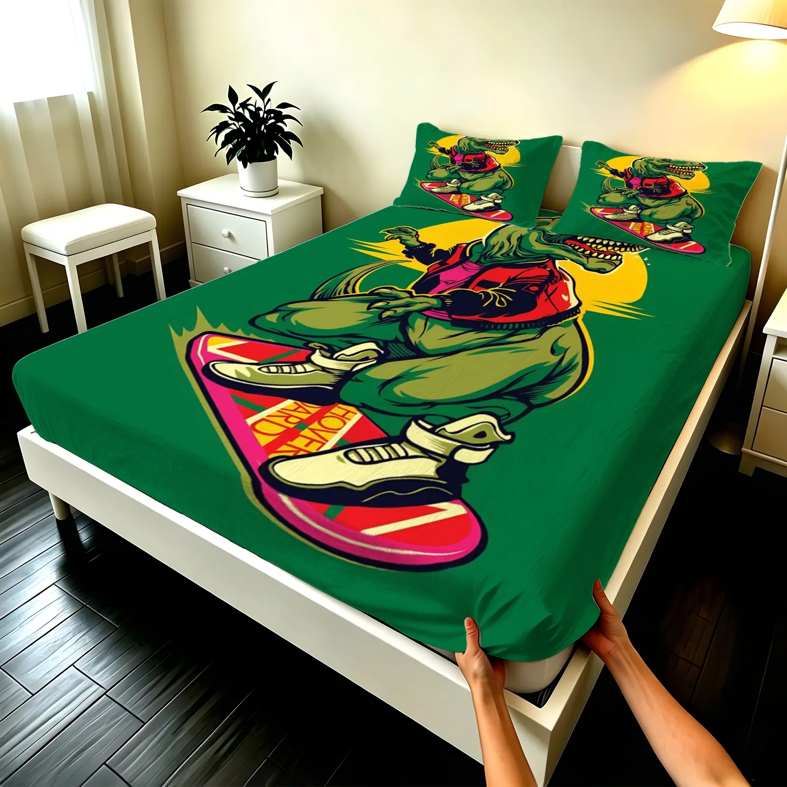 3pcs Fitted sheet Skateboard Dinosaur Pattern Soft Microfiber Bedding Set Breathable Wrinkle Resistant Fade Proof Comfortable Durable for Bedroom Dorm Home Twin Full Queen King Size Sheet Sets