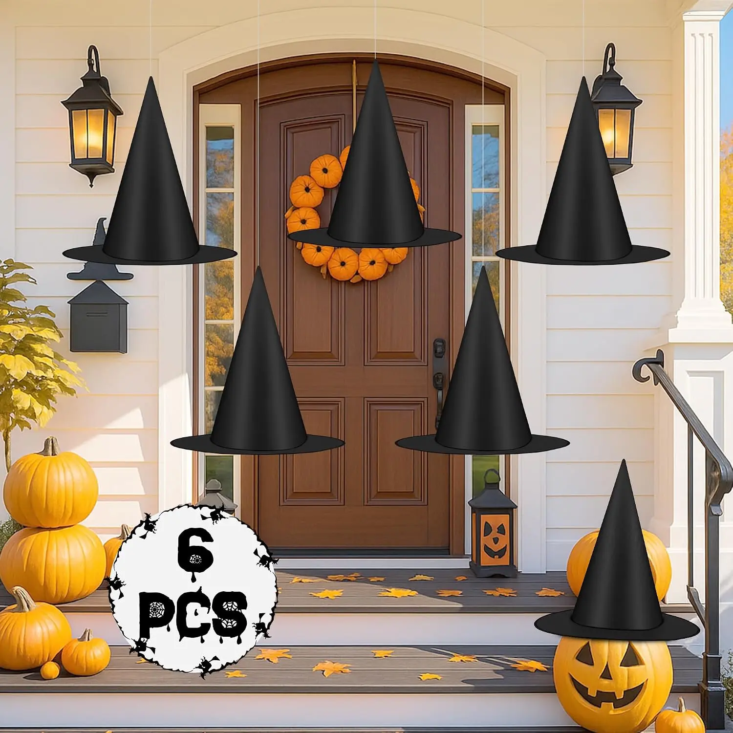 6 count Halloween  Hats Decorations, Black   Hats for Halloween Porch Decor, Floating Hat with 115 FT Nylon Cord, Thickened Wizard Hat Bulk for Scary Party Supplies Indoor Outdoor