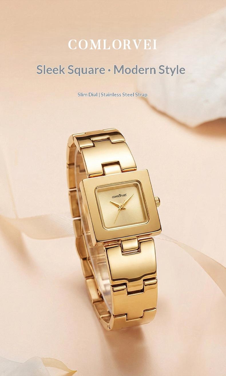 Ladies' luxurious square watch, designed with gold and silver colored stainless steel, with 30-meter water resistance. This fashionable and elegant timepiece is an exquisite gift for her.