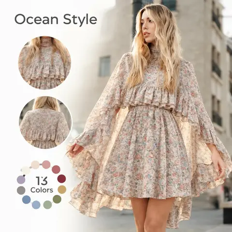 Women's 2-Piece Boho Fashion Casual Outfit Set - Batwing Long Sleeve Collared Neck Flowy Minimalist Elegant Dress, Plus Size Summer Ladies' Wear