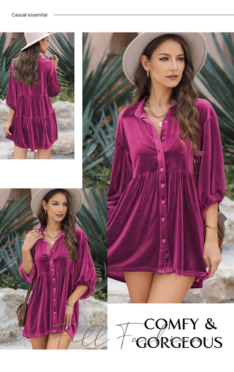 Asvivid Women Fall Fashion 3/4 Sleeve Button Front Velvet Tunic Babydoll Top | Perfect for Party Holiday Season