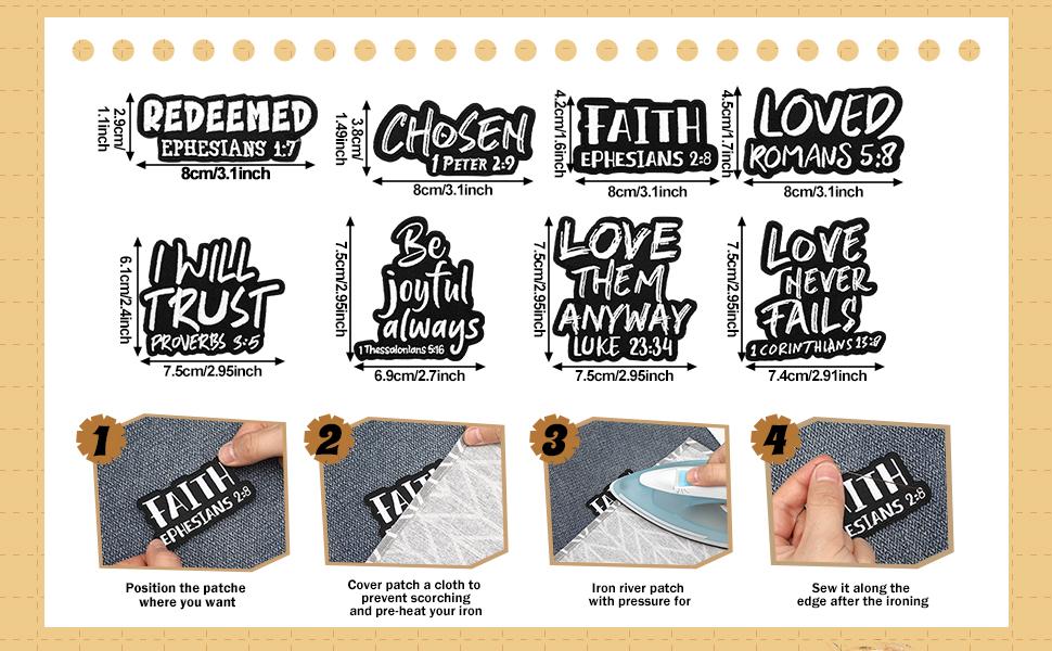8 Pcs Bible Verse Embroidered Iron on Patches 3 Inch Motivational Religious Christian Sew on Applique Patches for Hat Backpack Jacket Clothes DIY Accessories Decorations Lettered Embroidery Geometric Girl Set Fall Outfits Backpacks School