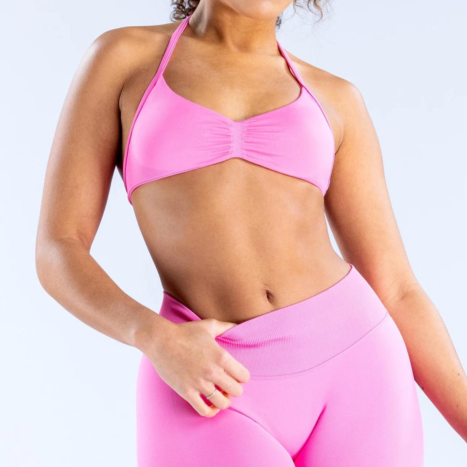 DFYNE halter neck bra with backless design and hip-lifting shorts are highly elastic and won't dig into your skin. They're versatile enough for both workouts and everyday wear.