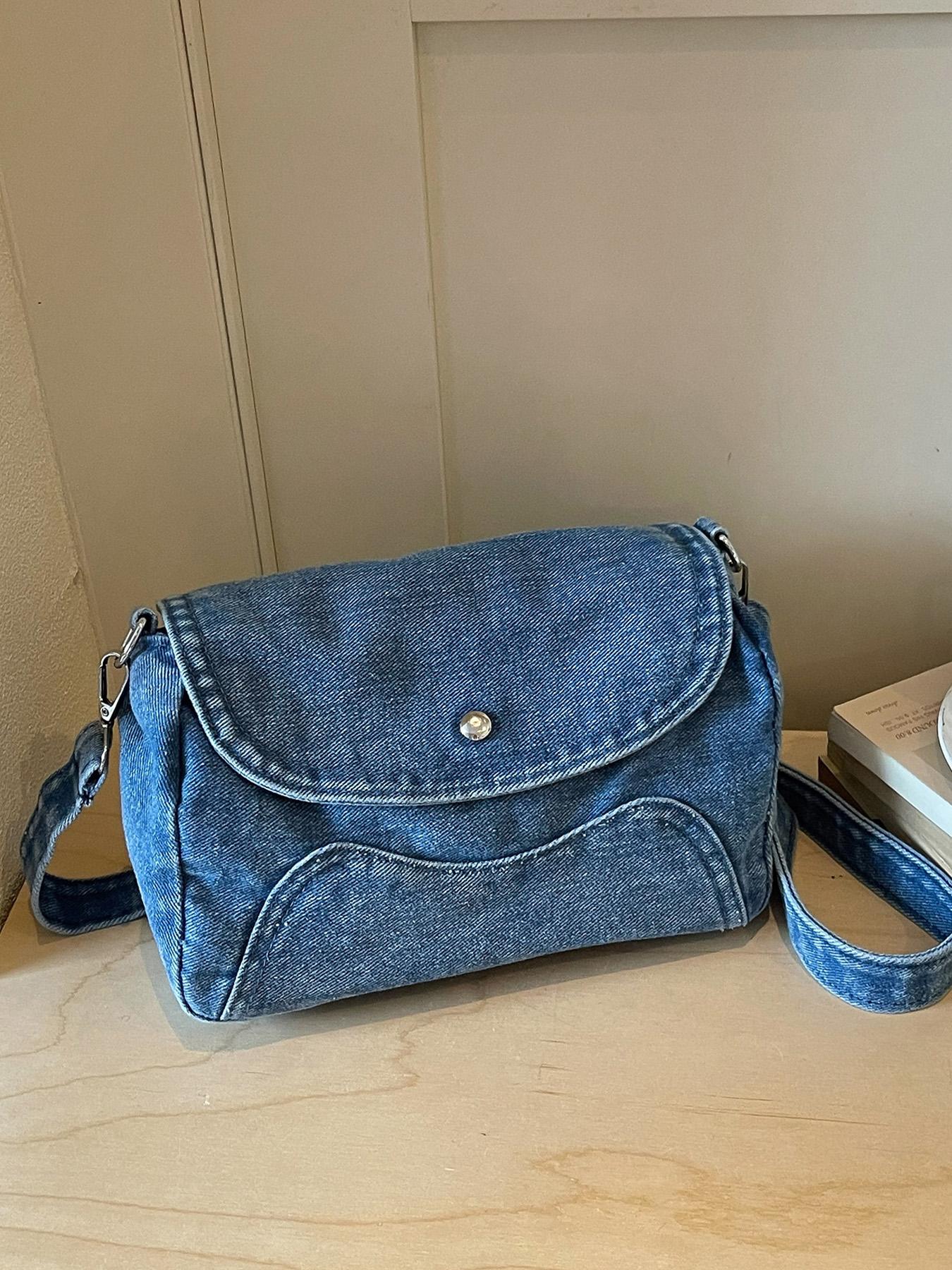 1pc Solid Black Washed Denim Saddle Crossbody Bag, Snap Button Flap Cover Adjustable Wide Shoulder Strap Retro Casual Shoulder Bag For OOTD Shooting, City Shopping, Cafe Hangouts, Weekend Trips, For Y2K Street‑style Fashion Women