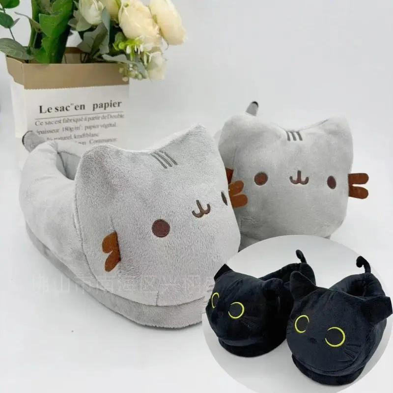 Cartoon Chubby Gray Cat Plush Slippers Warm Cozy Fluffy Indoor Home Slippers For Couple Men Women Autumn Winter House Footwear