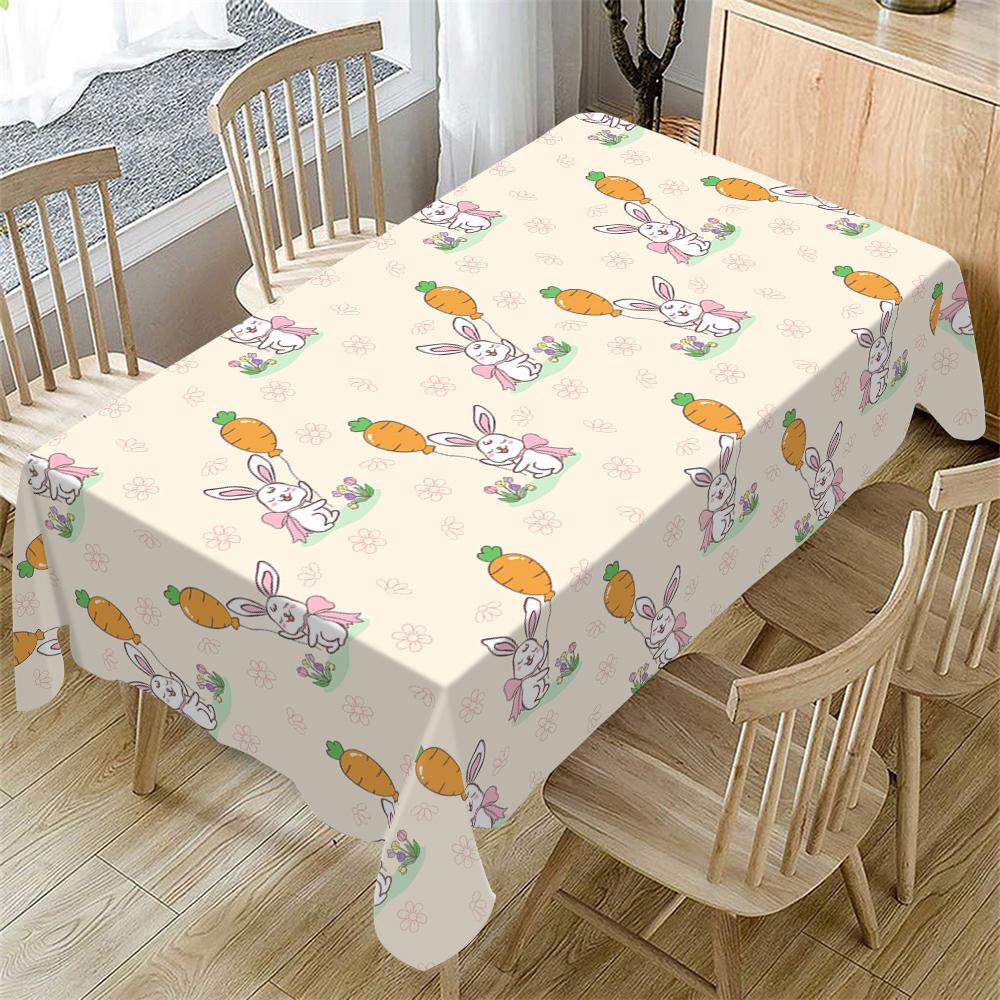 Rectangular Easter Tablecloth, Cartoon Rabbit & Egg Design, Spring/summer Floral Pattern, Perfect for Holiday/easter Decorations, Dining, Picnic Table Cover
