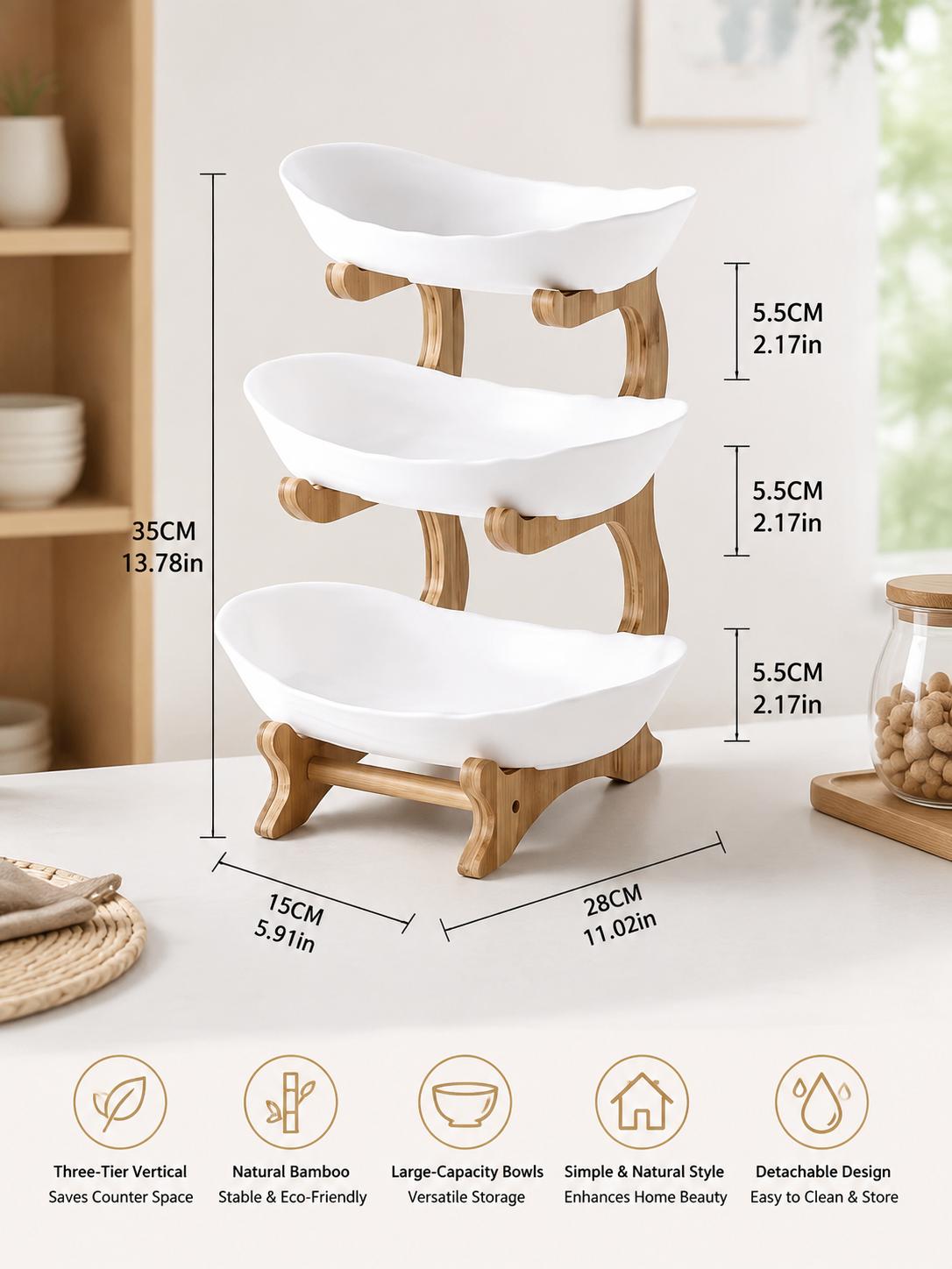 Littleox Three-Layer Stylish Fruit Platter for Party Organizers — Sophisticated Wooden Style Plastic Serving Trays for Family Snacks & Bread, Space-Efficient 3-Tier Design for Living Room Decor