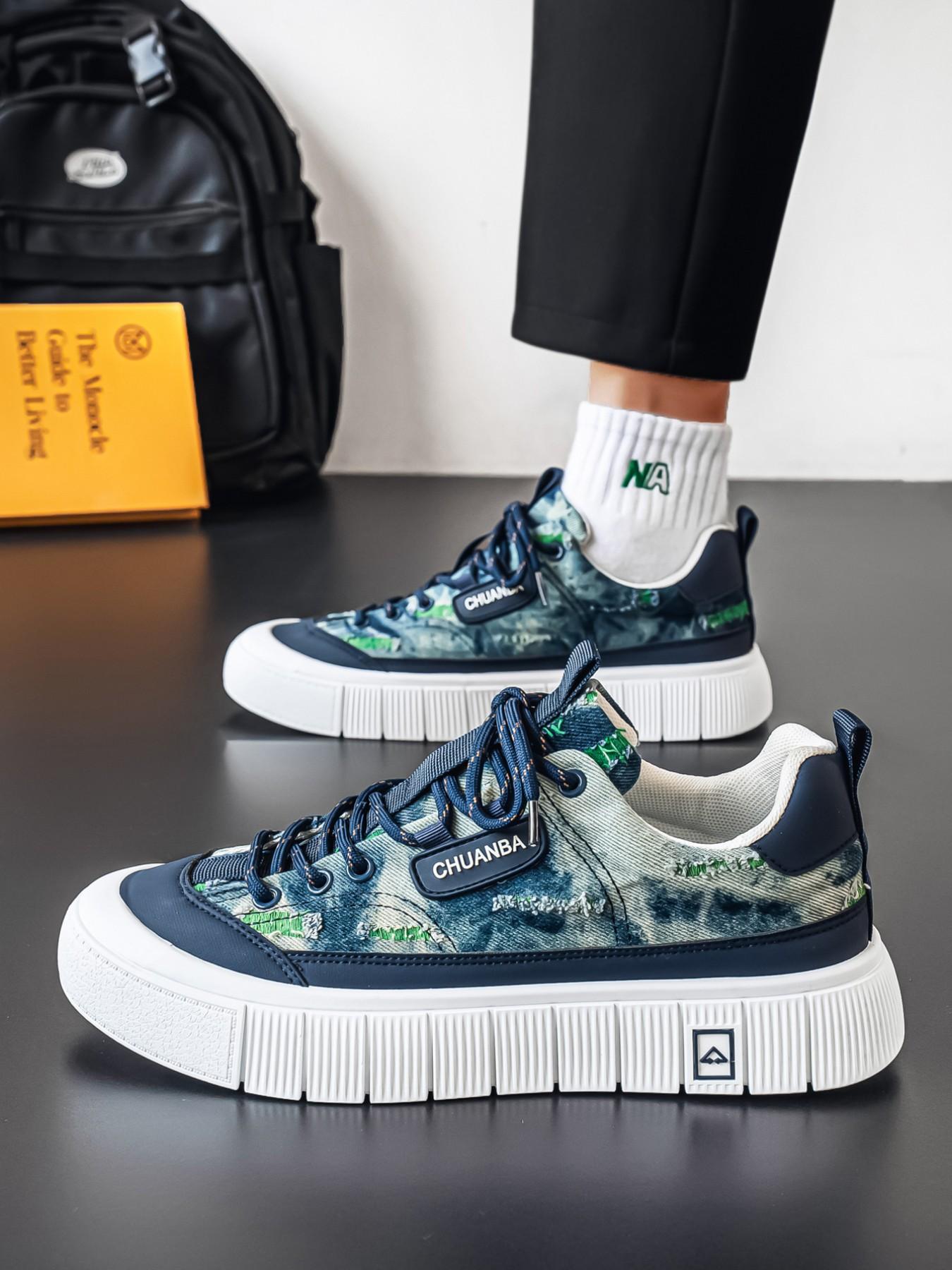 Men's Vintage Denim Style Thick Sole Sneakers, Ripped Design Casual Canvas Shoes, Soft Breathable Height-Increasing Boardwalks, Sizes 39-44