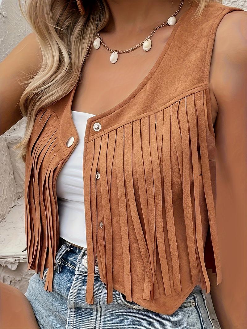 Women's Fringe Detail Denim Vest, Faux Suede Material, Button Front V Neck Sleeveless Top, Casual Spring & Fall Fashion, Casual Sleeveless Outerwear