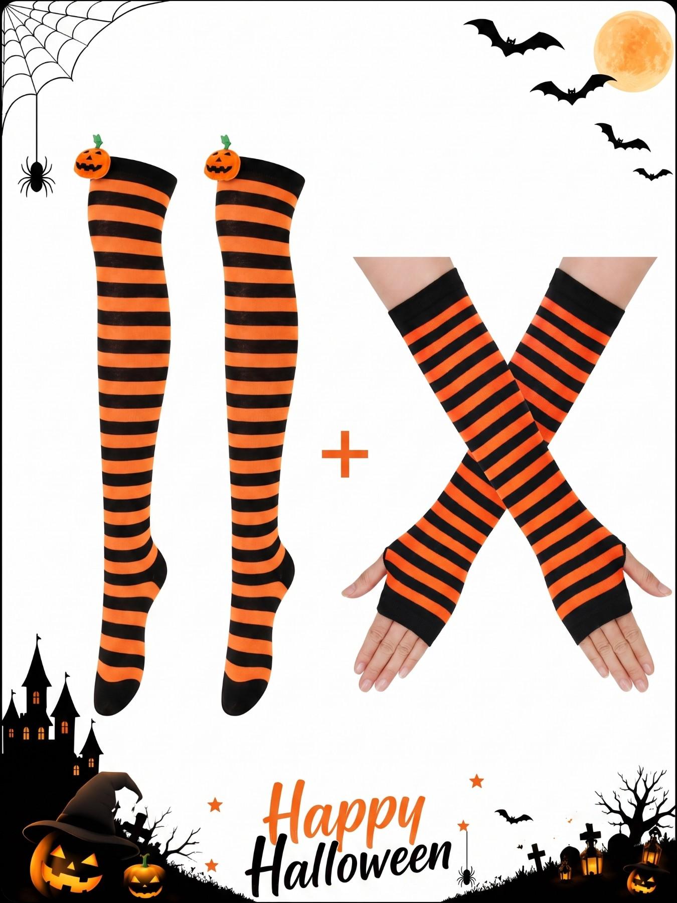 Women Striped Thigh High Socks and Fingerless Gloves Set Arm Warmers Leg Warmers Stockings Christmas Halloween Over the Knee Stockings Extra Long Cosplay Costumes Accessories Fit