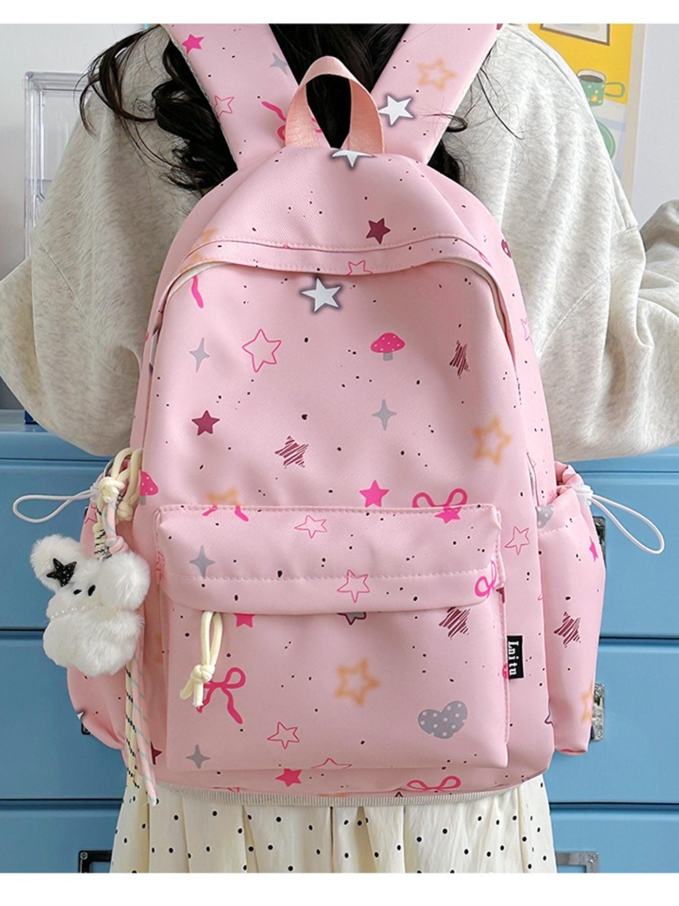 Cute Star Heart Print Backpack for Women, Fresh Casual Large Capacity Student Bag, Lightweight Nylon Travel Backpack