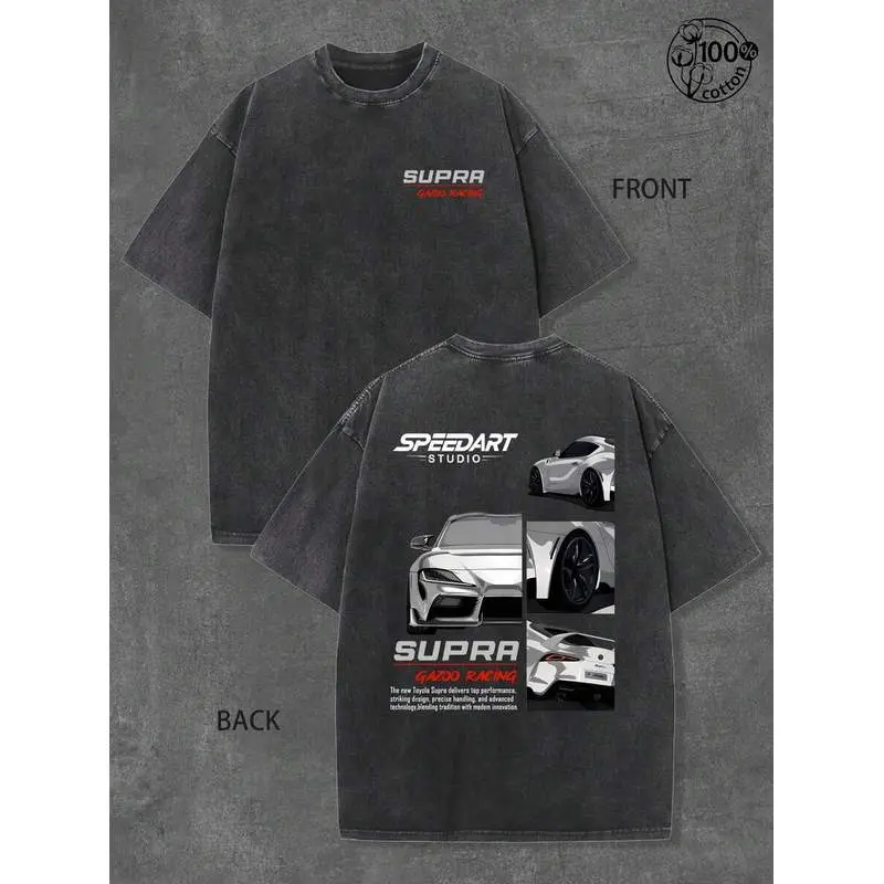 Unisex Retro Washed T-Shirt, Supra MK5 Gazoo Racing Split Car Sketch Print JDM Racing Street Cotton Top, Racing Streetwear, Men's Graphic T-Shirt