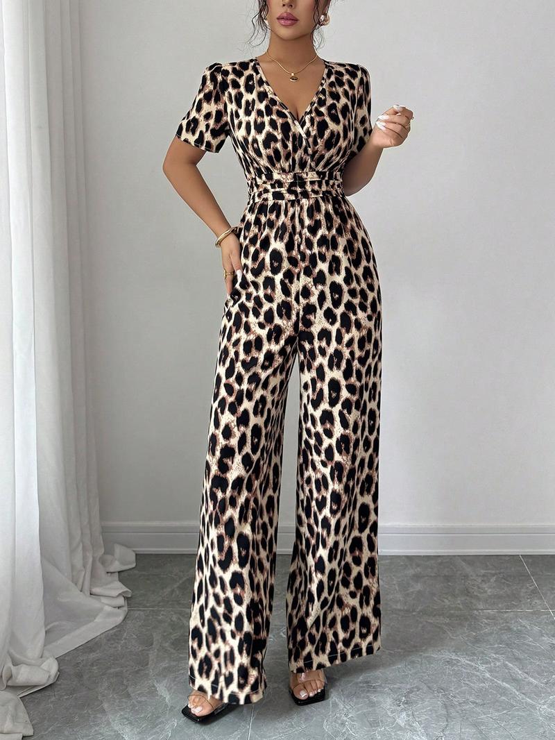 Women's Leopard Print V-Neck Jumpsuit Y2K, Waist Cinched Pleated Design, Wide Leg, Comfortable Fitted Fabric, Perfect for Dates and Outings