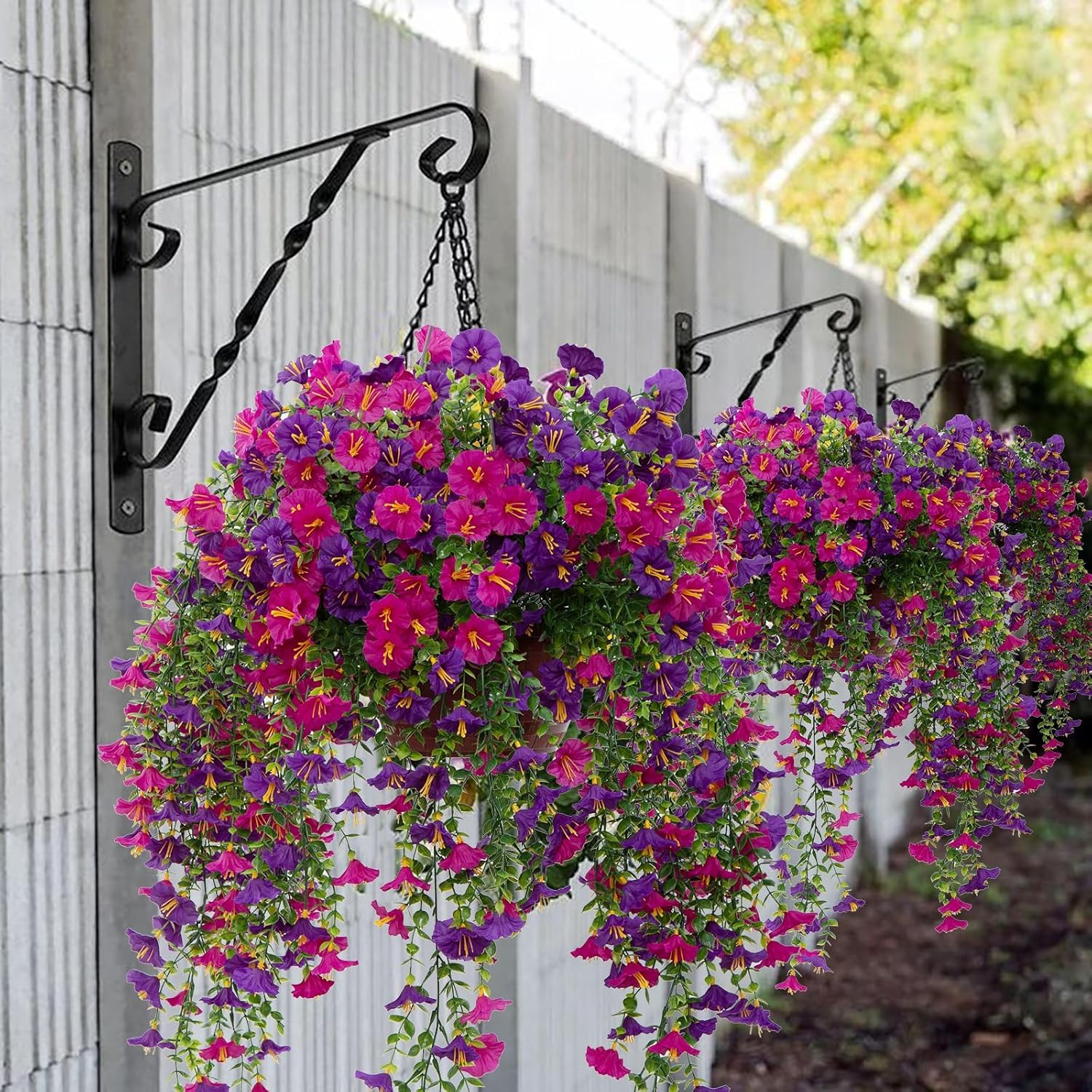 6 PCS Artificial Faux Hanging Flowers Plants for Outdoor Decor,Fake Silk Morning Glory with Eucalyptus UV Resistant Realistic Vines for Wall Home Porch Patio Balcony Yard Decor, Purple and Fuchsia, Artificial Flower Decoration