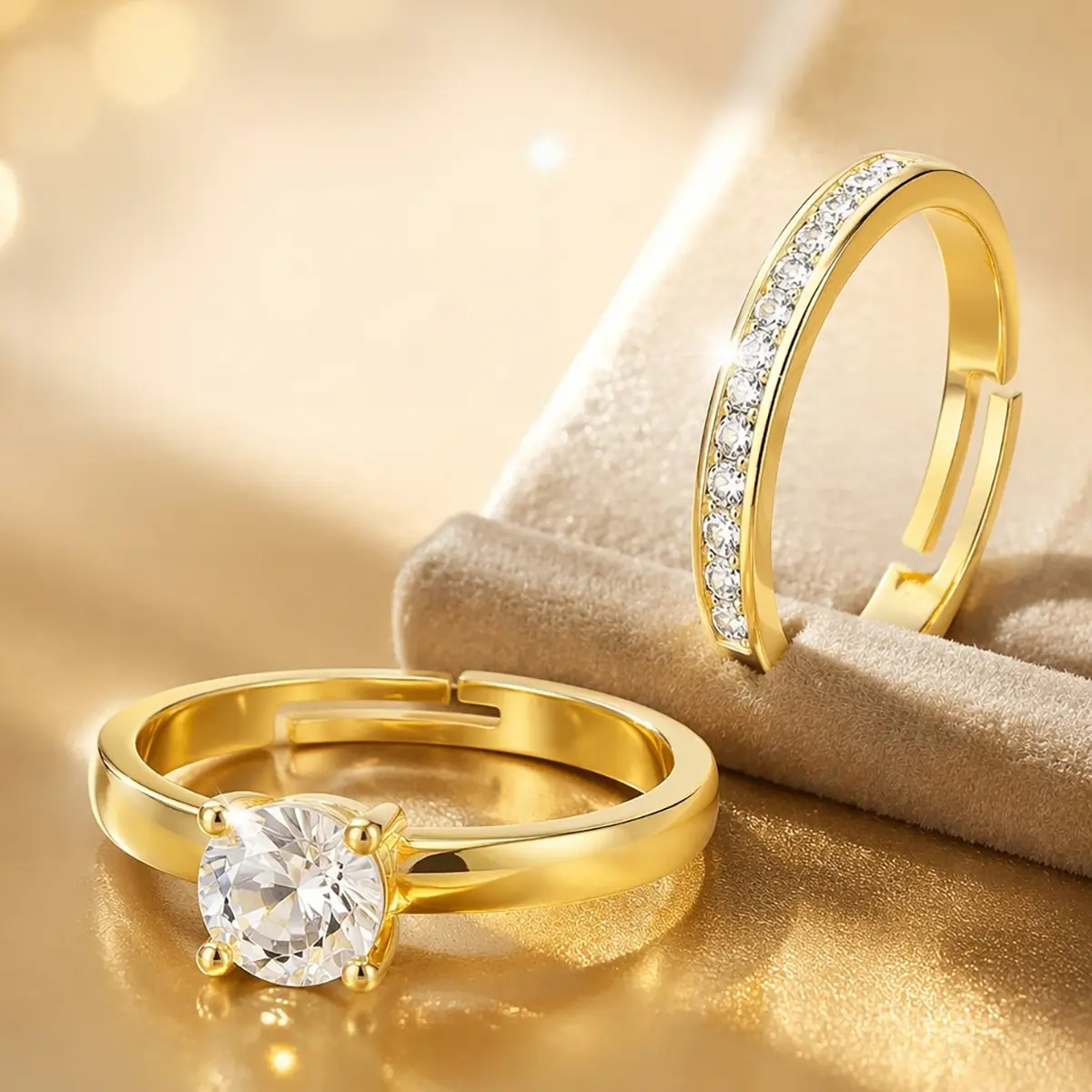 2Pcs Stackable Adjustable Open Ring Set for Women,14K Gold Plated Brass Cubic Zirconia Engagement Band,Sparkling Solitaire & Pave Zircon Matching Couple Rings,Minimalist Stacking Fashion Jewelry Gift for Anniversary Birthday Daily Wear