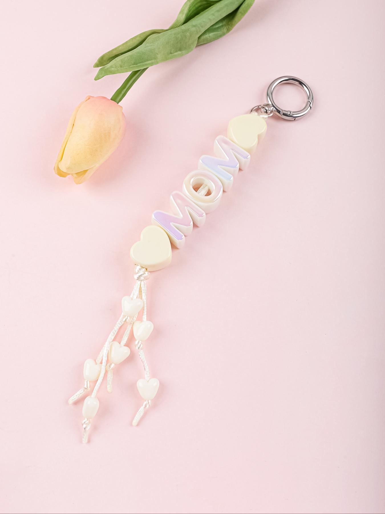 Mom Keychain, Heart Beaded Keychain, Iridescent Letter Keychain, Macaron Color Bag Charm, Tassel Heart Strap, Mother's Day Gift, Cute Aesthetic Keychain
