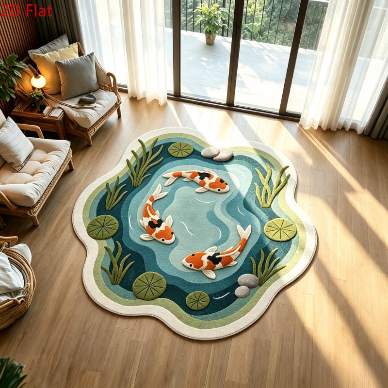 Koi & Lotus Pond Pattern Plush Area Rug, Home Decor Rugs, Decorative Rug, Special-Shaped Non-Slip Washable Floor Mat for Bedside, Sofa and Coffee Table, Bedroom Rugs