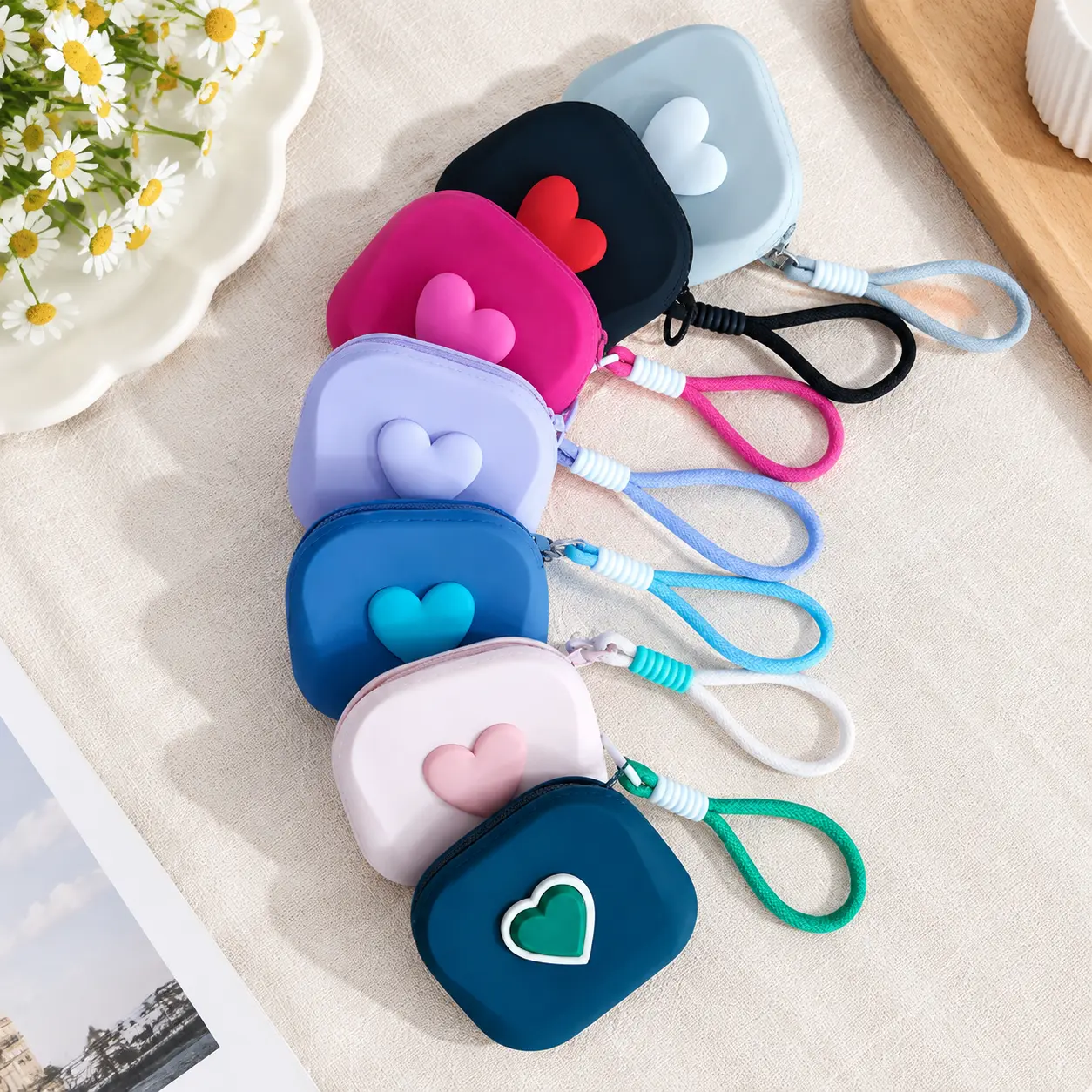 Women's Cute Heart Silicone Mini Wristlet Pouch - Shockproof Zipper Coin Purse with Multi Slots, Daily Use Earbud & Lipstick Holder for Commute, Travel Small Storage Bag