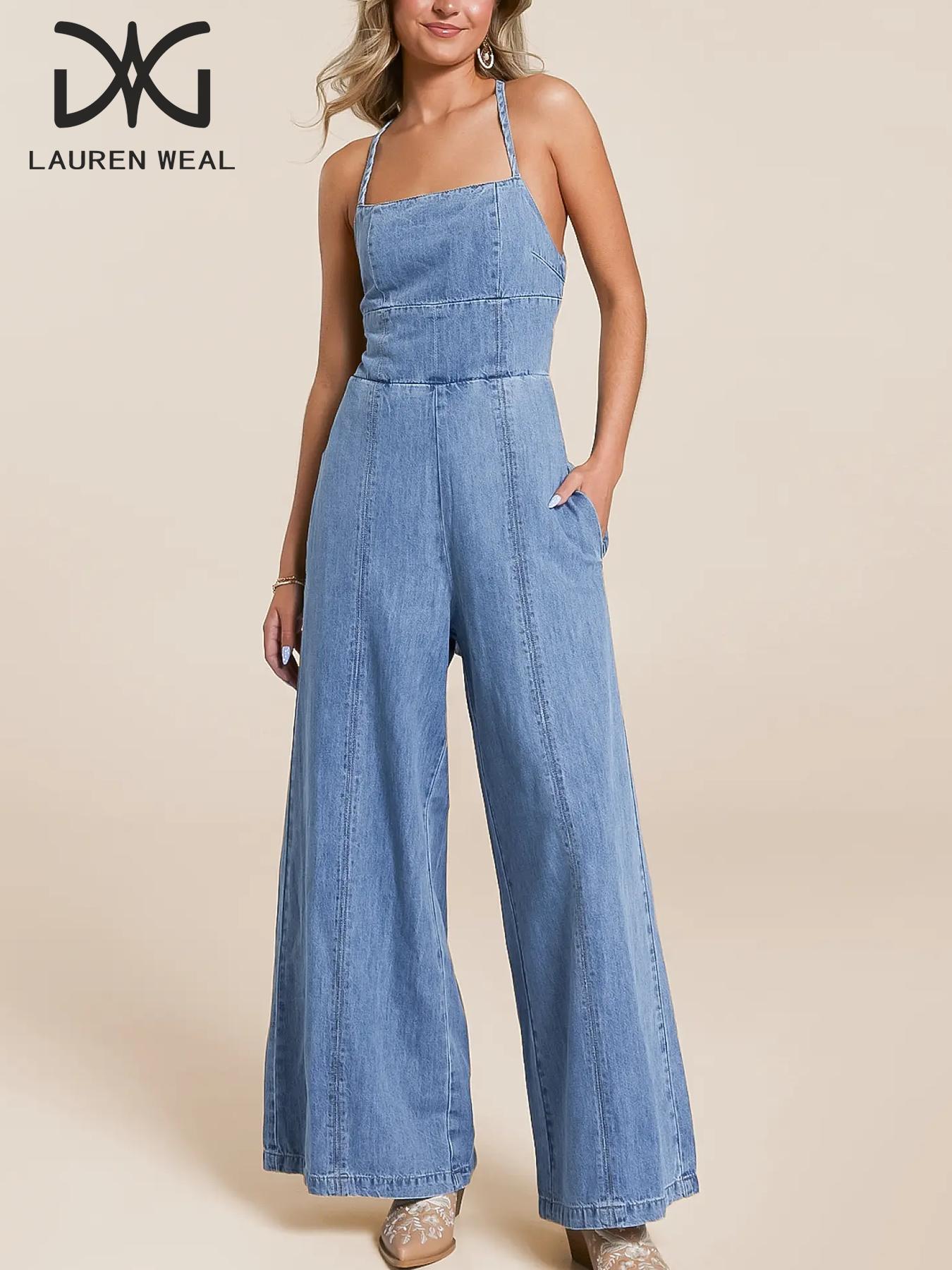 Women's   Tie Back   Denim Jumpsuit, Casual Fashion Wide Leg Jumpsuit for Daily Wear, Ladies Clothes for All Seasons