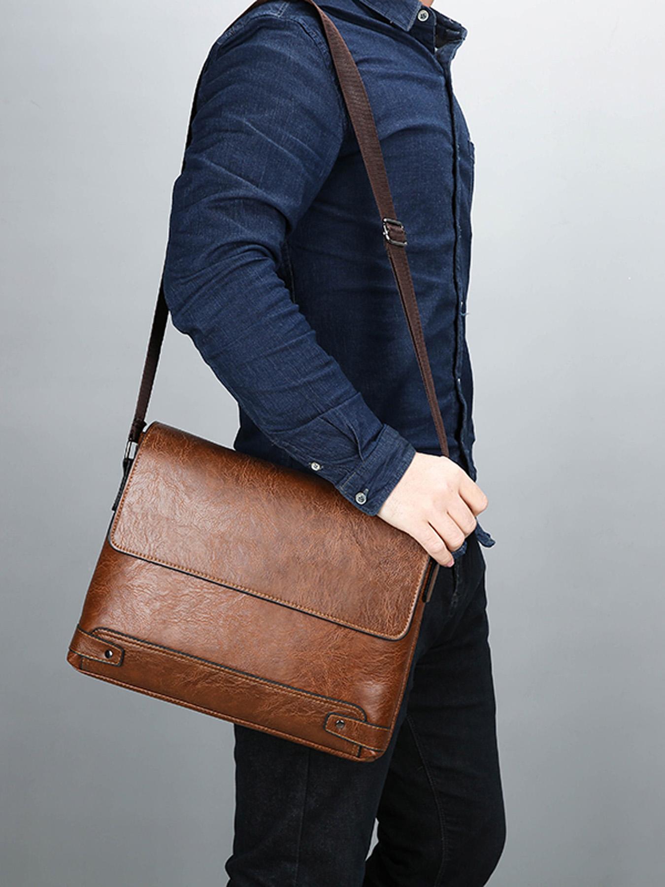 New Minimalist Versatile Men's Messenger Bag Crazy Horse Leather Flap Design Convertible Crossbody Bag Dual-Use Business & Casual Shoulder Bag