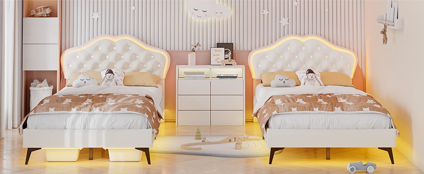 Sikaic Princess Velvet Upholstered Platform Bed Frame with Adjustable Crystal Button Headboard and RGB LED Lights Creamy White Furniture Design Home Pink