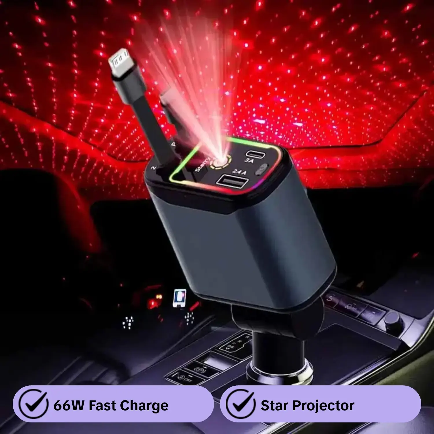 4-in-1 Retractable Fast Charging Car Charger, 66W Automotive USB Car Adapter with Star Projector Night Light & LED Decorative Ceiling Light, Compatible with iPhone and Samsung, Charger for Car, Smart Car Charger #GLOBAL PICKS