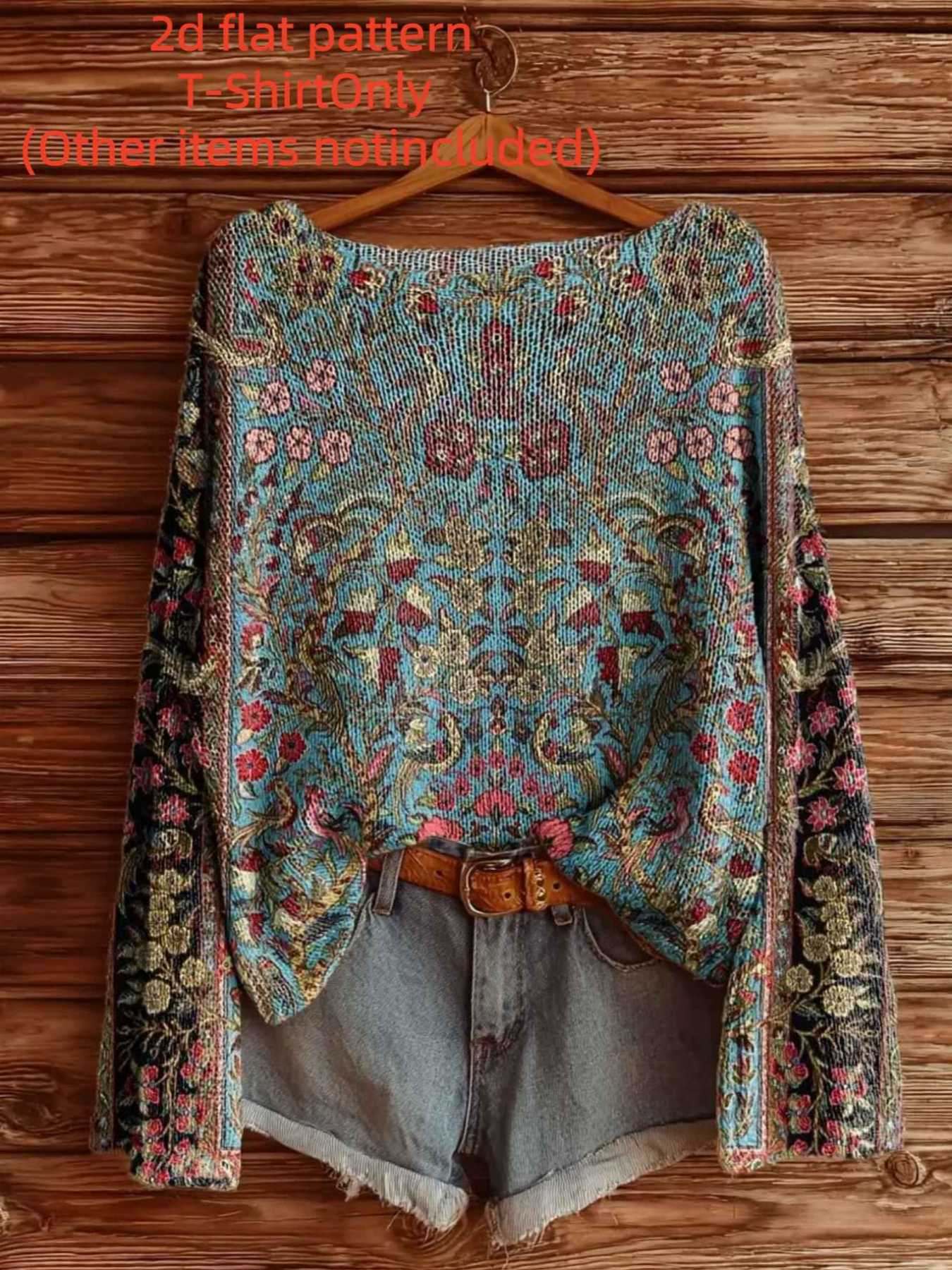 Women's Long Sleeve Top, Fall Winter Fashion, Bohemian, One-Shoulder Design, Digital Print, All Over Print, Trendy Ladies' Clothing, Casual Style