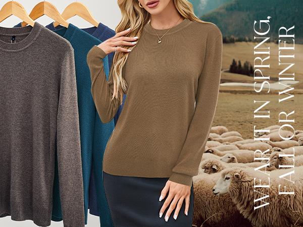 Arach&Cloz Women Spring Fashion Wool Blend Sweater 2025 Long Sleeve Crew Neck Business Casual Pullover Tops Trendy Outfits,TikTokShopBlackFriday