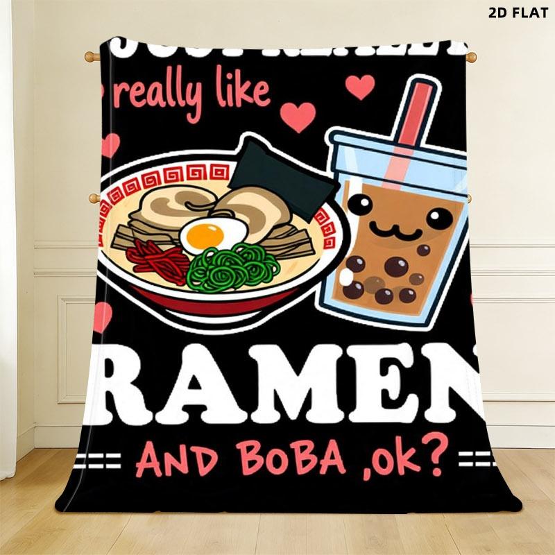 Cute Ramen & Boba Themed Throw Blanket, Single - Sided Printed, Multiple Specifications Available, Perfect for Nap/Relaxation, Soft Cozy Fabric, Adorable Design for Ramen & Boba Lovers