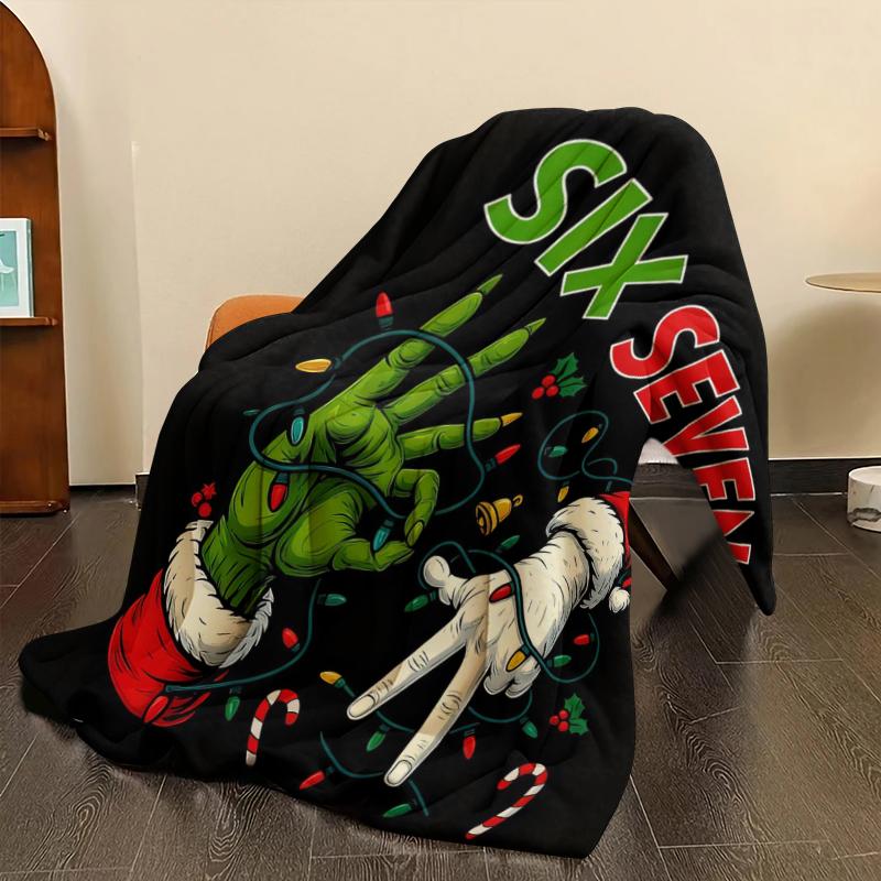 Personalized Christmas Number 67 Flannel Blanket, Grinch Gesture Decorative Warm Home Blanket, Ideal for Home Office Travel Camping