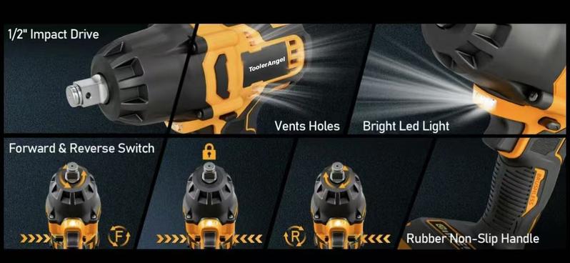 ToolerAngel 1/2-Inch Cordless Impact Wrench, 1000 Nm (737 ft-lbs) High-Torque Wrench, 20V 2000 RPM Brushless Motor, 2x 6.0Ah Lithium-Ion Batteries, Charger & 6 Sockets, Brushless Power Wrench