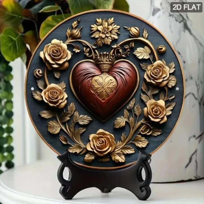 Aluminum Framed Sacred Heart Wall Art in Gold and Burgundy for Elegant Home Living Room Decor