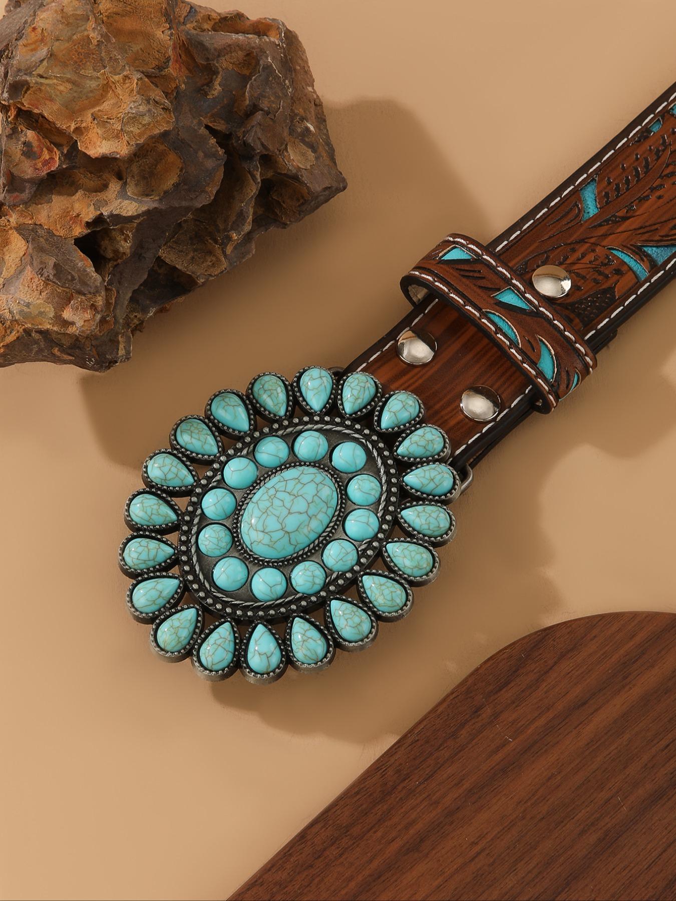 Women's Bohemian Style Waist Belt with Turquoise Alloy Buckle, Vintage Fashion Accessory for Ladies, Elegant Design for Daily Wear