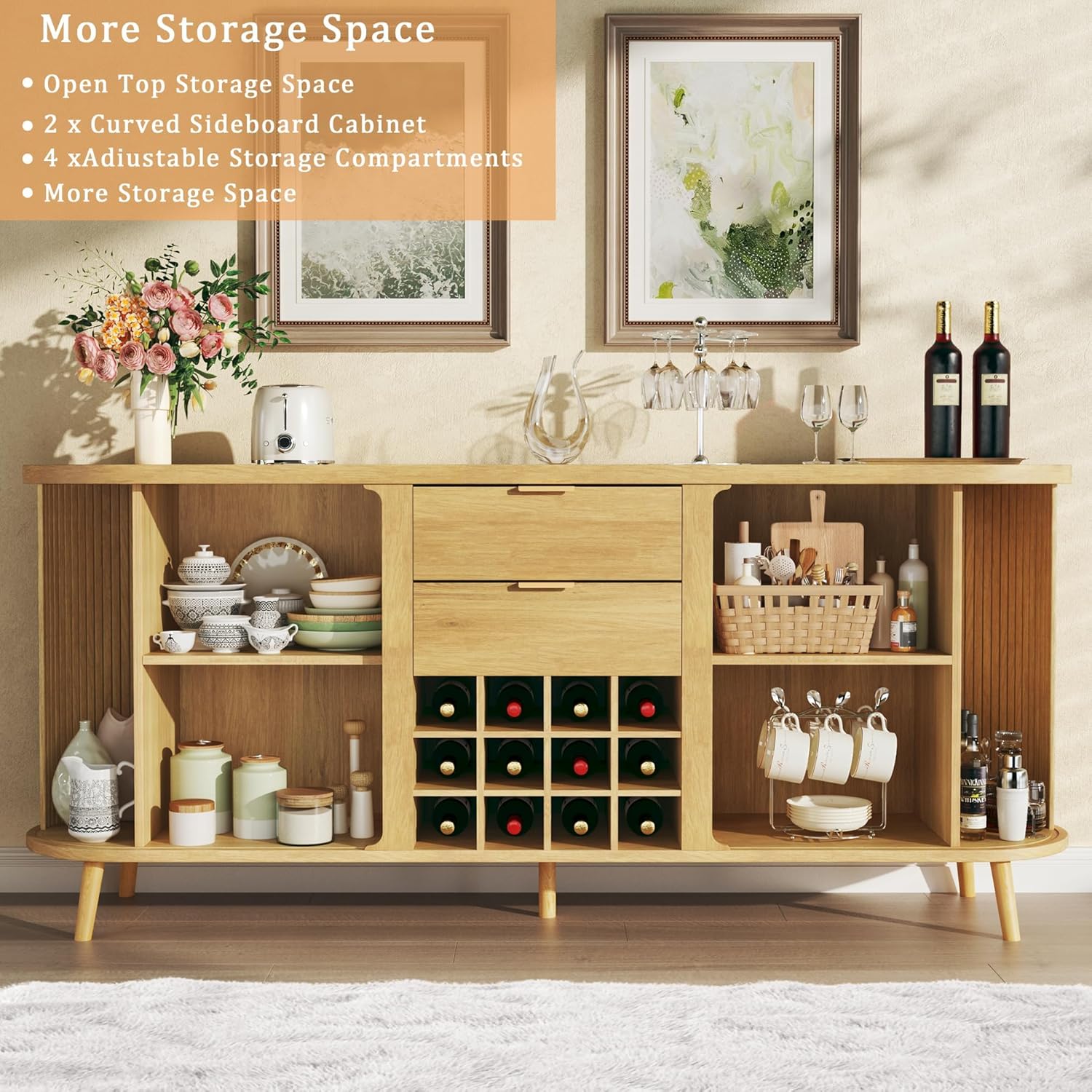 Sideboard Buffet Cabinet with Storage, 58" Fluted Tambour with 12 Wine Tanks, Adjustable Shelves, 2 Drawers, Mid Century Modern Console for Kitchen Living Room