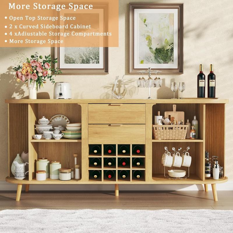 Sideboard Buffet Cabinet with Storage, 58" Fluted Tambour with 12 Wine Tanks, Adjustable Shelves, 2 Drawers, Mid Century Modern Console for Kitchen Living Room