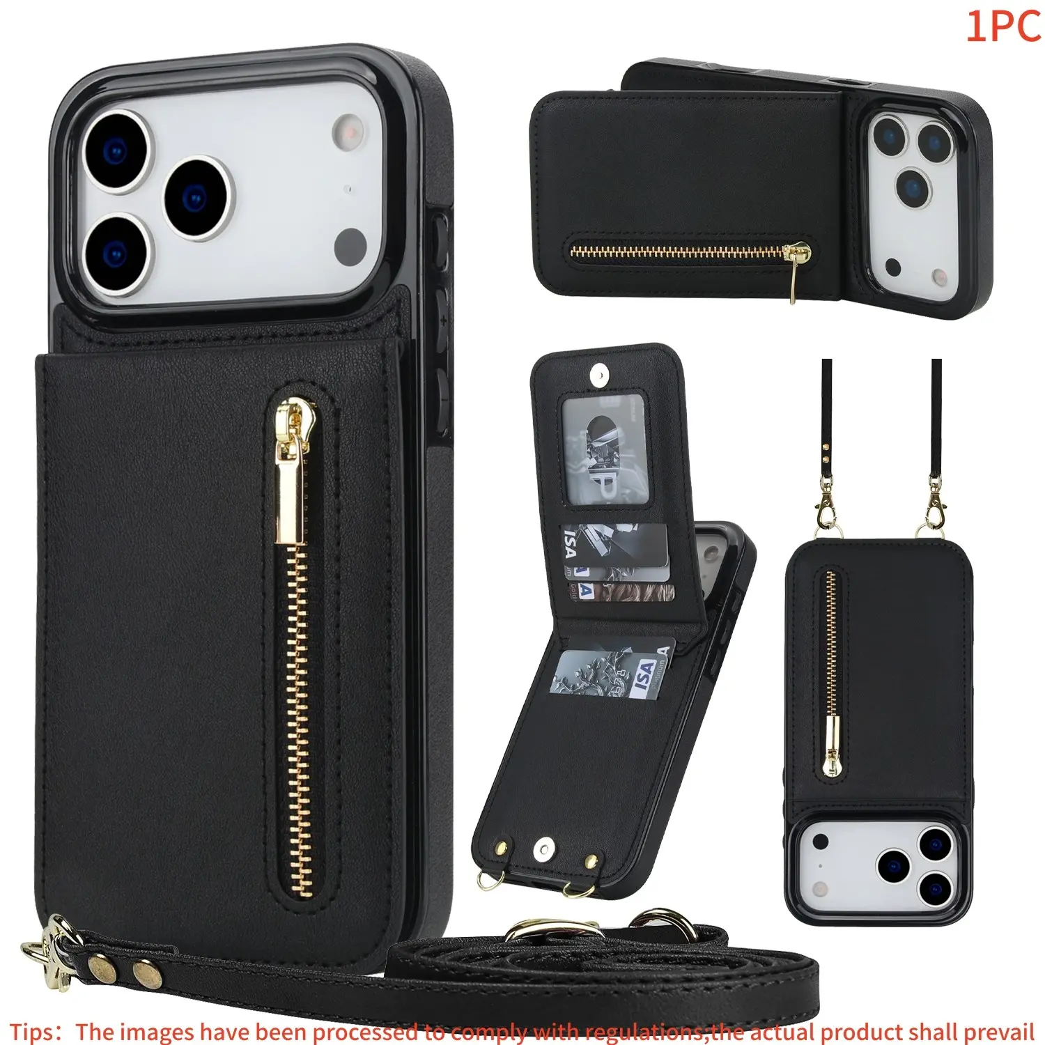 iPhone 17-11 Pro Max Plus Case, Crossbody Card Holder Flip Cover, Zipper Wallet with Stand, Protective Phone Sleeve