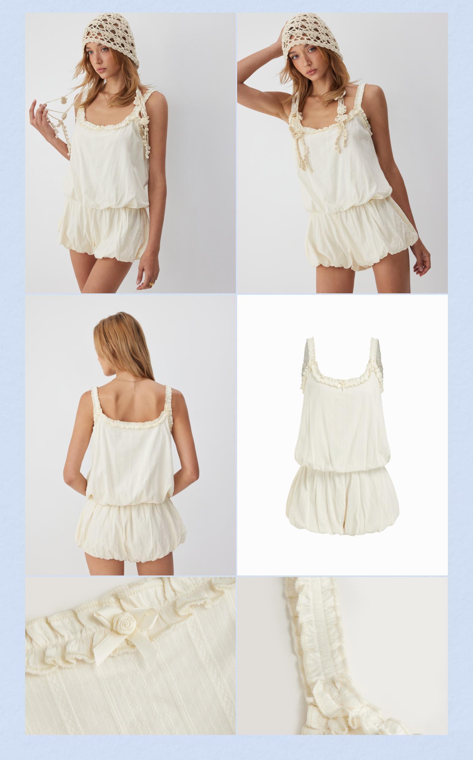 Cider Cotton-blend Mid Rise Scoop Neck Ruffle Bubble Hem Oversized Romper