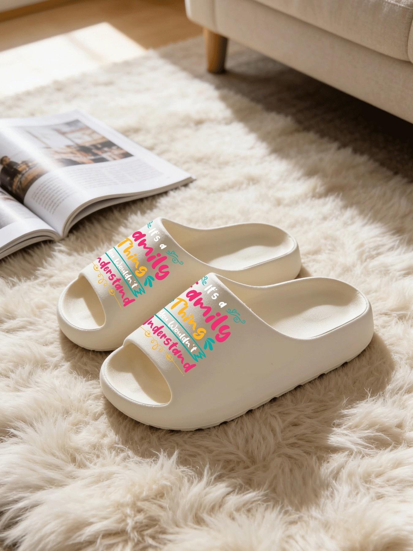 1 Pair Family Themed Colorful Printed Thick Sole Slippers, American Retro Style, Non-slip Soft Sole Open Toe Slides, Indoor & Outdoor Dual-use Bathroom Slides