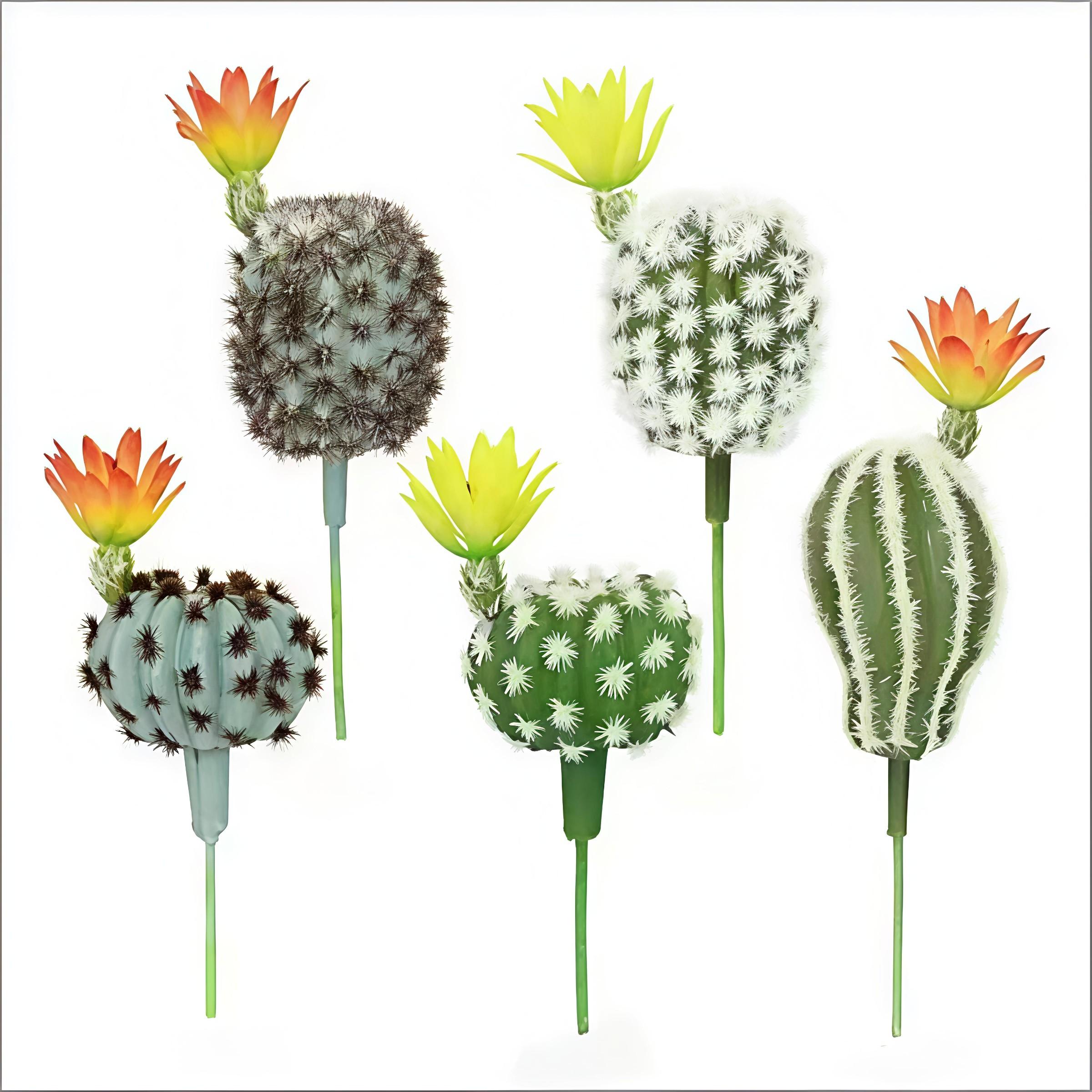 12cmArtificial Desert Cactus with Flowers, 5 Pcs Faux Mixed Indoor Succulents, Vibrant Ball Cactus Stems with Yellow Orange Blooms, Fake Spiky Plastic Tropical Greenery, Decorative Flowers for Plant Wall Design, Home Window Shelf Farmhouse Decor, Unpotted