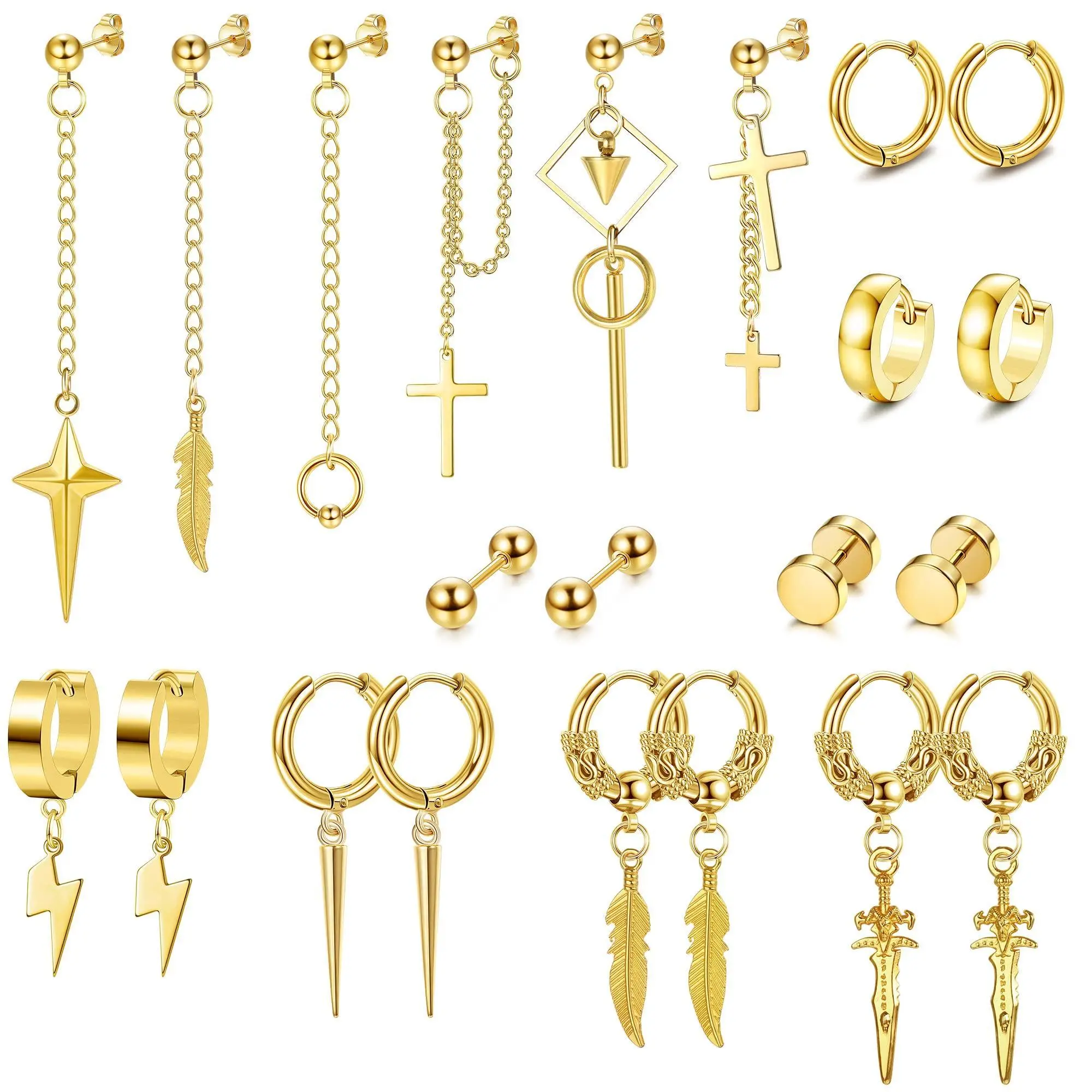 CASSIECA 22Count Stainless Steel Mens Jewelry Set Mens Statement Hoops, Unique Design Earrings, Hinged Hoops, Long Chain Studs, Cross Dangles, Huggie Earrings, Fashion Jewelry Accessories Sohochic