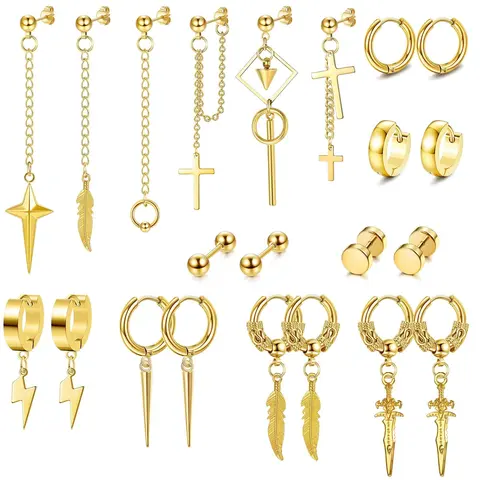 CASSIECA 22Count Stainless Steel Mens Jewelry Set Mens Statement Hoops, Unique Design Earrings, Hinged Hoops, Long Chain Studs, Cross Dangles, Huggie Earrings, Fashion Jewelry Accessories Sohochic